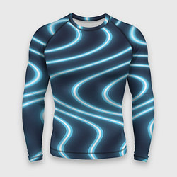 Рашгард мужской Неоновый свет Волны голубые на темном фоне, цвет: 3D-принт