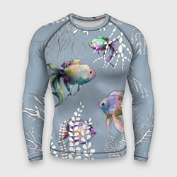 Рашгард мужской Разноцветные акварельные рыбки и белые водоросли, цвет: 3D-принт