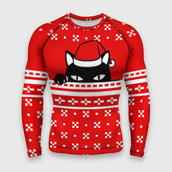 Рашгард мужской Выглядывающий котик - красный свитер, цвет: 3D-принт