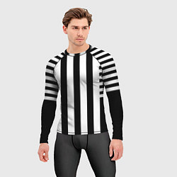 Рашгард мужской Черно белый узор в полоску, цвет: 3D-принт — фото 2