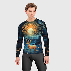Рашгард мужской Олень в ночном лесу фолк-арт, цвет: 3D-принт — фото 2