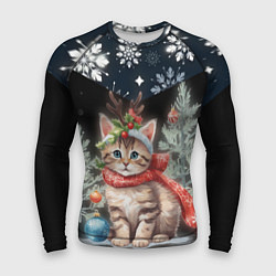 Рашгард мужской Новогодний котик у ёлок в шарфе горы в снежинках, цвет: 3D-принт