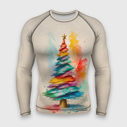 Мужской рашгард Новогодняя ель акварелью на холсте
