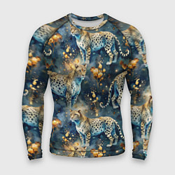 Мужской рашгард Леопард и золотые капли на синем фоне