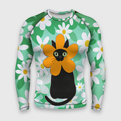 Мужской рашгард Черный кот хиппи в костюме цветочка