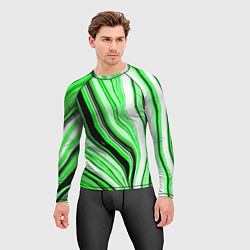 Рашгард мужской Волнистые вертикальные чёрно-зелёные полосы, цвет: 3D-принт — фото 2
