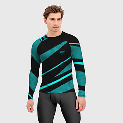 Рашгард мужской Sport чёрный и неоновый голубой абстракция с полос, цвет: 3D-принт — фото 2