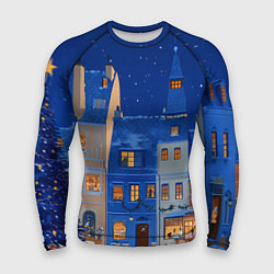 Мужской рашгард Синяя новогодняя елочка во дворе