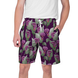 Шорты на шнурке мужские Фиолетовые каллы на темно фиолетовом фоне, цвет: 3D-принт