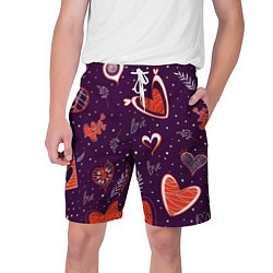 Шорты на шнурке мужские Красно-белые сердечки и слово love на темно фиолет, цвет: 3D-принт