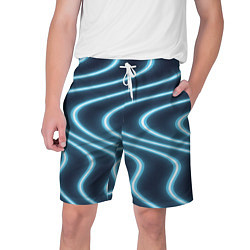 Шорты на шнурке мужские Неоновый свет Волны голубые на темном фоне, цвет: 3D-принт