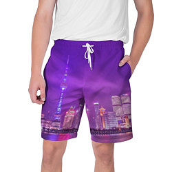 Шорты на шнурке мужские Неоновый мегаполис - Фиолетовый, цвет: 3D-принт