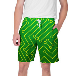 Мужские шорты Технический зелёный паттерн с жёлтыми лучами