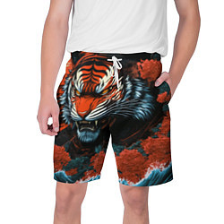 Мужские шорты Тигр с розами на волнах в стиле тату ирезуми