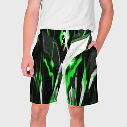 Шорты на шнурке мужские Зелёно-белая абстракция и чёрный фон, цвет: 3D-принт