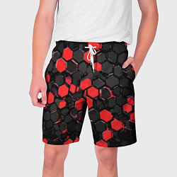 Шорты на шнурке мужские Красно-серые шестиугольники на чёрном фоне, цвет: 3D-принт