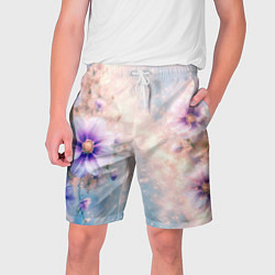 Шорты на шнурке мужские Нежный голубой цветочный с золотистым свечением, цвет: 3D-принт