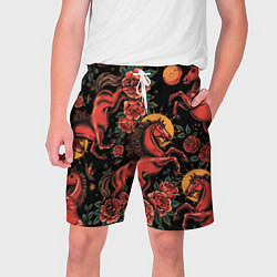 Шорты на шнурке мужские Красная лошадь с розами, цвет: 3D-принт