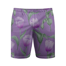 Шорты спортивные мужские Фиолетовые тюльпаны с зелеными листьями, цвет: 3D-принт
