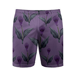 Шорты спортивные мужские Фиолетовые каллы с зелеными листьями, цвет: 3D-принт