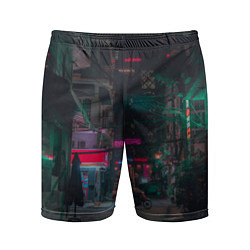 Шорты спортивные мужские Неоновый мрачный город - Тёмно-зелёный, цвет: 3D-принт