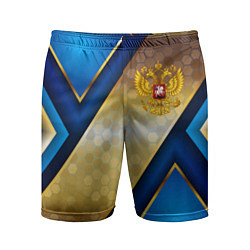 Мужские спортивные шорты Золотой герб России на синем объемном фоне