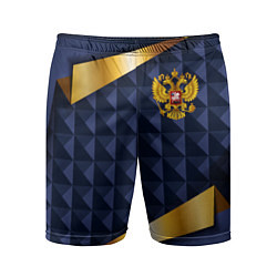 Шорты спортивные мужские Золотой герб России на объемном синим фоне, цвет: 3D-принт