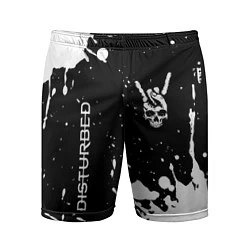 Шорты спортивные мужские Disturbed и рок символ на темном фоне, цвет: 3D-принт