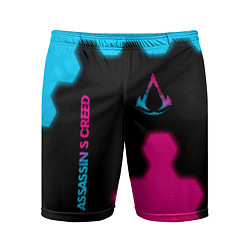 Мужские спортивные шорты Assassins Creed - neon gradient: надпись, символ