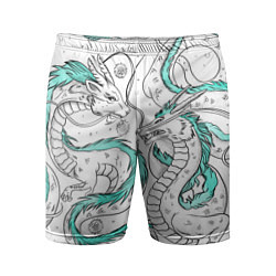 Шорты спортивные мужские Дракон Хаку в стиле тату: белый и бирюзовый паттер, цвет: 3D-принт