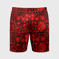 Шорты спортивные мужские Хохломская роспись красные цветы и ягоды на чёрном, цвет: 3D-принт