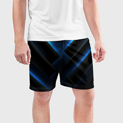 Шорты спортивные мужские Черный абстрактный фон и синие неоновые вставки, цвет: 3D-принт — фото 2