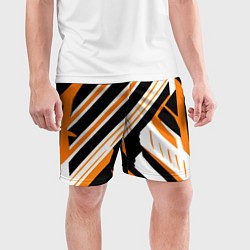 Шорты спортивные мужские Чёрно-оранжевые полосы на белом фоне, цвет: 3D-принт — фото 2