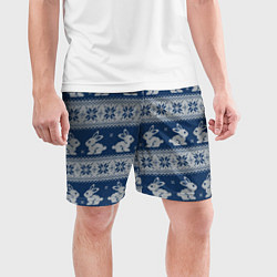 Шорты спортивные мужские Вязаный зимний узор с милыми зайчатами, цвет: 3D-принт — фото 2