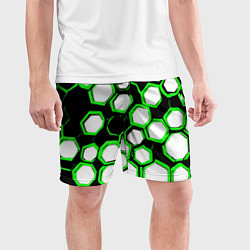 Шорты спортивные мужские Бело-зелёные шестиугольники на чёрном фоне, цвет: 3D-принт — фото 2