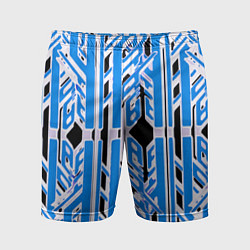 Мужские спортивные шорты Бело-синие техно полосы на чёрном фоне