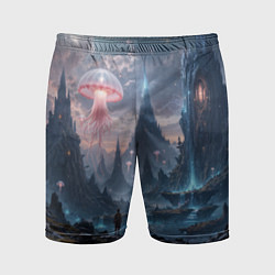 Шорты спортивные мужские Фантастический мир с медузами и озеро у гор, цвет: 3D-принт