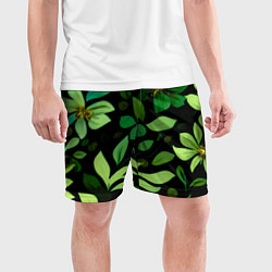 Шорты спортивные мужские Чёрный с зелёными крупными цветами, цвет: 3D-принт — фото 2