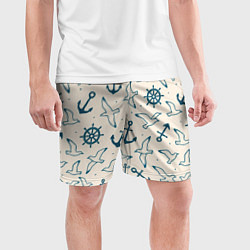 Шорты спортивные мужские Морской паттерн из штурвалов, чаек и якорей, цвет: 3D-принт — фото 2