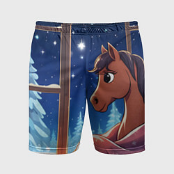 Мужские спортивные шорты Лошадка зимней звездной ночью