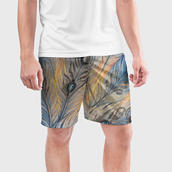 Шорты спортивные мужские Синие перья с самоцветами, цвет: 3D-принт — фото 2