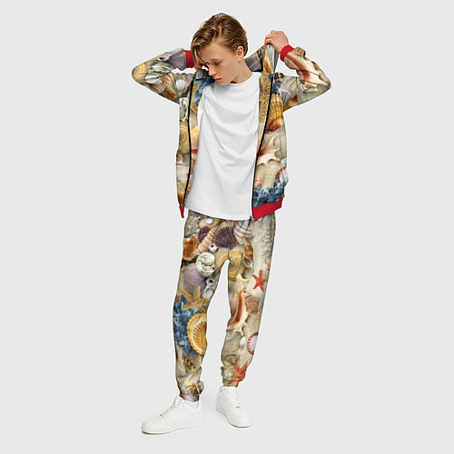 Мужской костюм Морские раковины, кораллы, морские звёзды на песке / 3D-Красный – фото 3