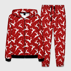 Костюм мужской Красный паттерн с новогодними оленями, цвет: 3D-черный
