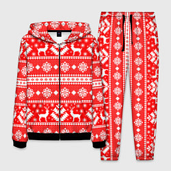 Костюм мужской Новый год ели и олени на красном фоне, цвет: 3D-черный