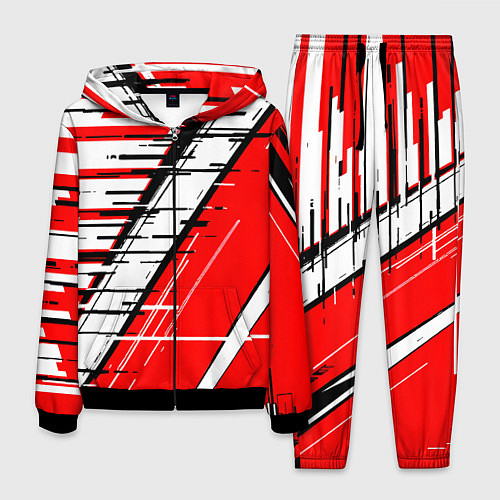 Мужской костюм Чёрно-белые глитч полосы на красном фоне / 3D-Черный – фото 1