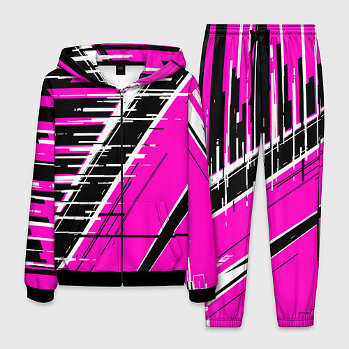 Мужской костюм Чёрно-белые глитч полосы на розовом фоне / 3D-Черный – фото 1