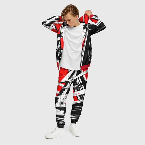 Мужской костюм Чёрно-белые абстрактные линии на красном фоне / 3D-Красный – фото 3