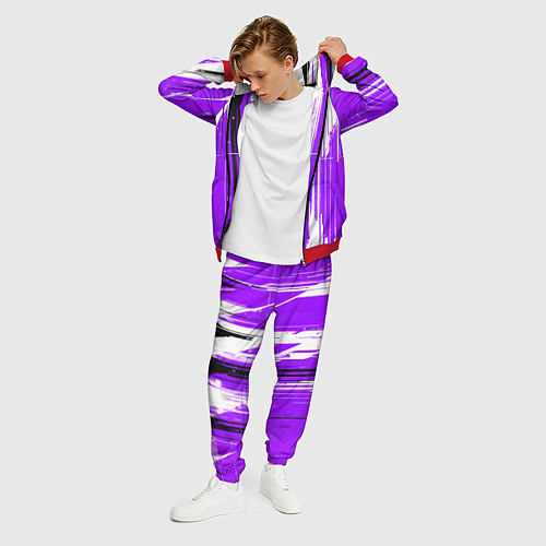 Мужской костюм Вертикальные чёрно-белые линии на фиолетовом фоне / 3D-Красный – фото 3