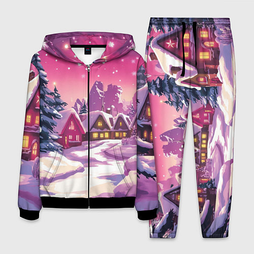 Мужской костюм Новогодние домики и фиолетовый закат / 3D-Черный – фото 1