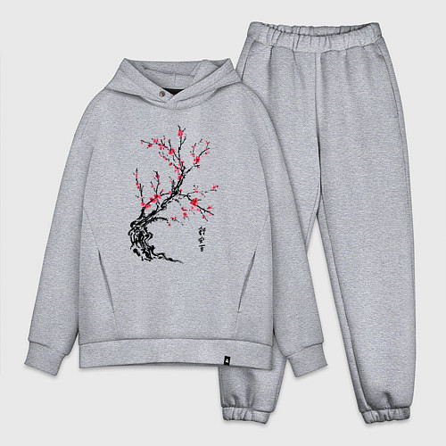 Мужской костюм оверсайз Сакура с иероглифами / Меланж – фото 1